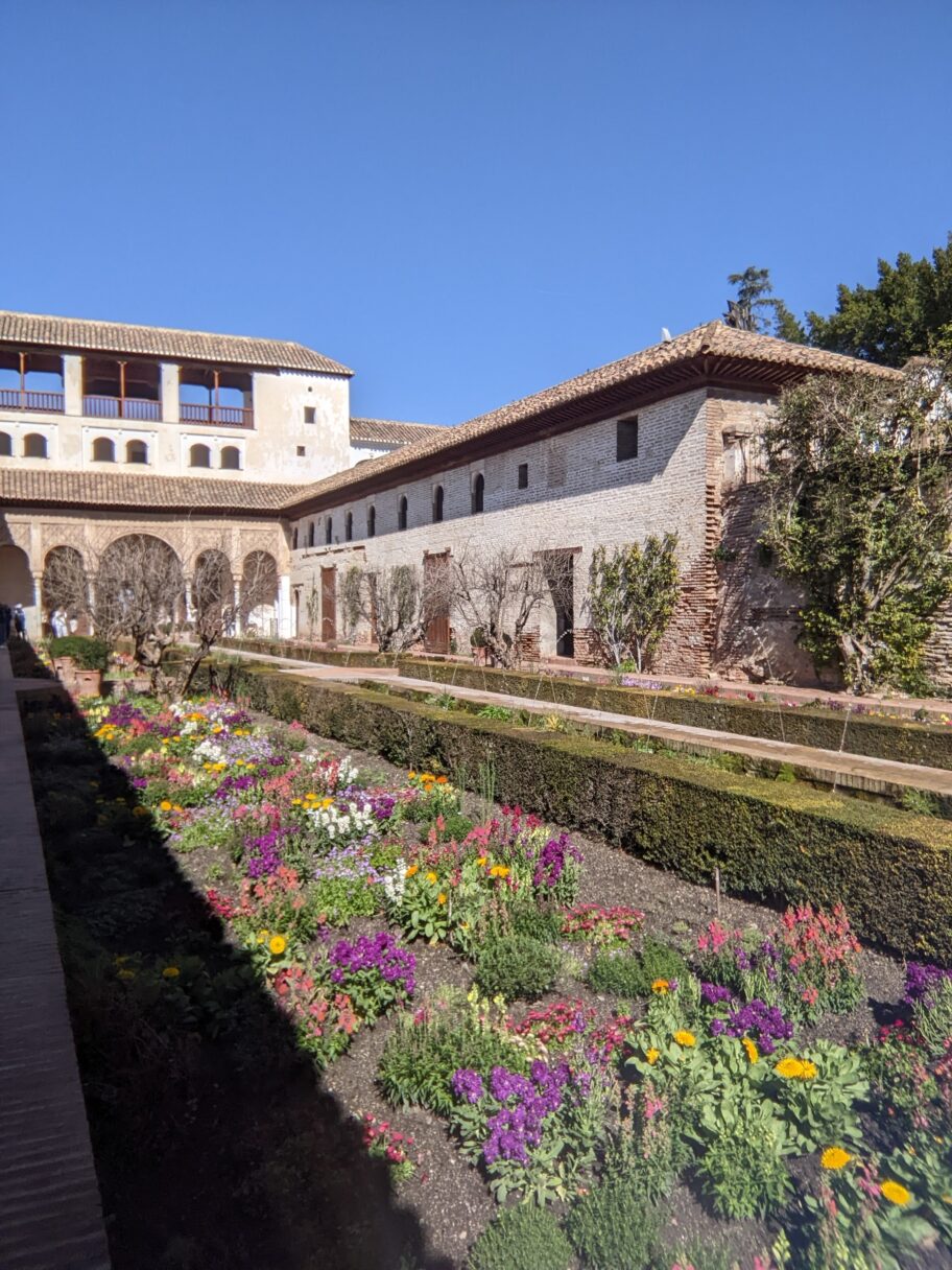 Des fleurs entourent un plan d'eau, dans le Generalife