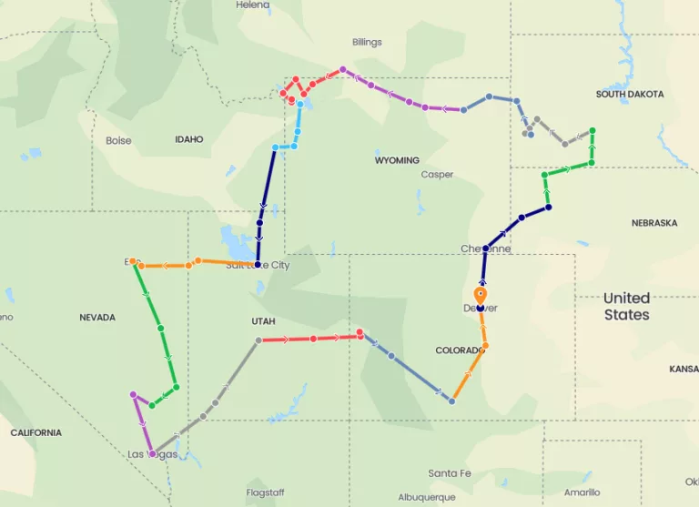 La carte de l'itinéraire complet de notre road trip aux USA en 2026